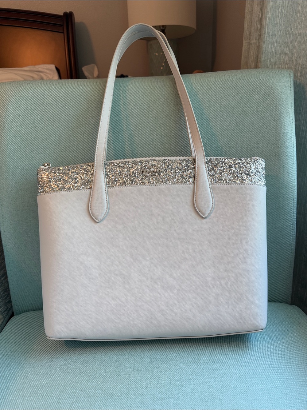 kate spade Dove Gray tote with Silver Glitter Top Trim